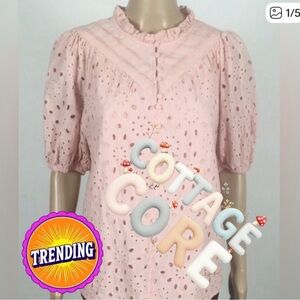 👛(ANY 2/$20) PRETTY GARDEN Pink Puffy Sleeve Blouse With Cutouts Overlay